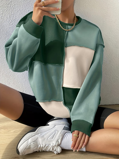 Color Block Crew Neck Sweatshirt, Casual Long Sleeve Drop Shoulder Sweatshirt, Women's Clothing