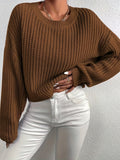 vlovelaw  Crew Neck Rib Knit Sweater, Casual Drop Shoulder Oversized Long Sleeve Loose Fall Winter Knit Sweater, Women's Clothing