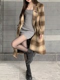 vlovelaw Plaid Print Double-breasted Coat, Elegant Notched Collar Long Sleeve Knee Length Coat, Women's Clothing