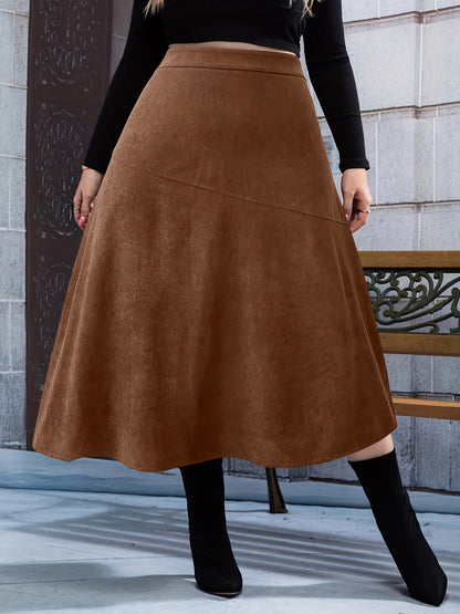 vlovelaw Plus Size Elegant Skirt, Women's Plus Solid Corduroy High Rise Midi A-line All-match Skirt