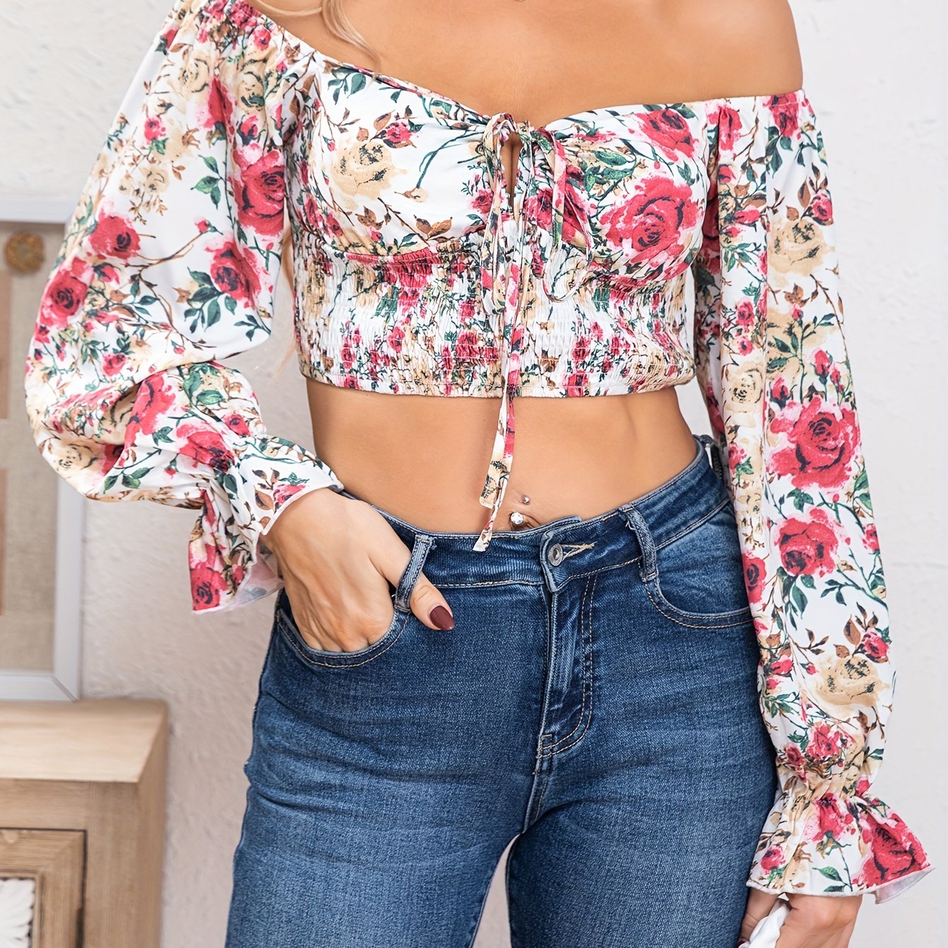 Floral Print Cold Shoulder Crop Blouse, Casual Long Sleeve Blouse For Spring & Fall, Women's Clothing