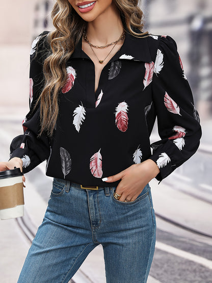 Feather Print Blouse, Elegant V Neck Long Sleeve Blouse, Women's Clothing