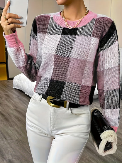 vlovelaw Plaid Crew Neck Pullover Sweater, Elegant Long Sleeve Fall Winter Sweater, Women's Clothing