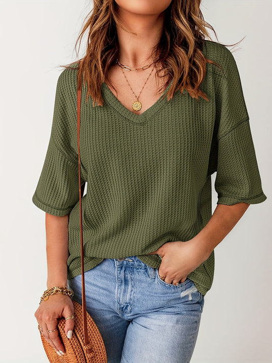 vlovelaw  Solid Elegant V Neck T-Shirt, Drop Shoulder Casual Top For Summer & Spring, Women's Clothing