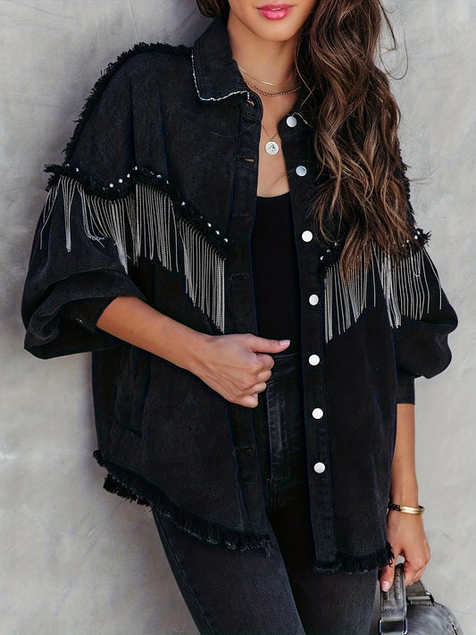 Black Fringe Decor Denim Jackets, Frayed Trim Long Sleeves Studded Street Style Denim Coats, Women's Denim Clothing