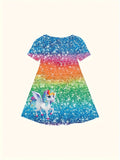 Glittering Girls Unicorn Dress - Sparkling 3D Sequin Print, Crew Neck, Short Sleeves - Perfect Summer Fashion for Dreamy Adventures!