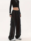 Y2K Striped Drawstring Pants, Baggy Long Length Wide Leg Pants, Women's Clothing