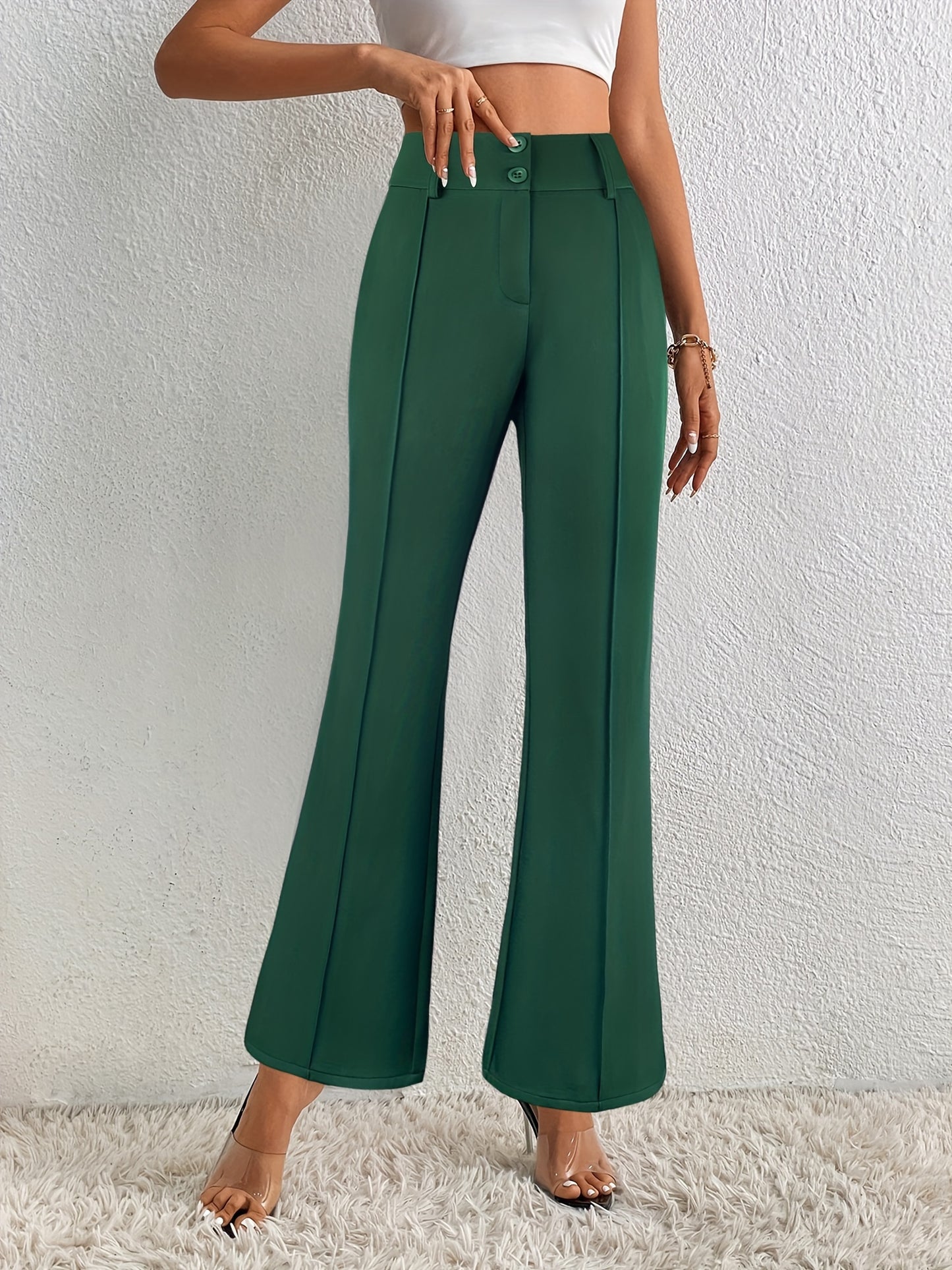 vlovelaw Pintuck Solid Flare Leg Pants, Elegant Button Front High Waist Pants, Women's Clothing