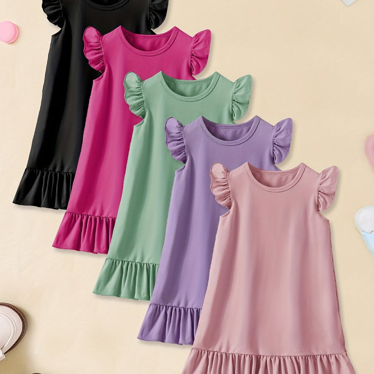 5pcs Girls Charming Ruffle Sleeve Dress Set - Versatile Plain Colors for Everyday Casual Wear, Ideal Summer Style & Gift