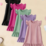 5pcs Girls Charming Ruffle Sleeve Dress Set - Versatile Plain Colors for Everyday Casual Wear, Ideal Summer Style & Gift