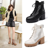 Spring Leather Lace-up High Heel Mesh Boots Chunky Heel Platform Non-Slip Dr. Martens Boots Hollow Mesh Surface Hole Shoes Middle-Aged Mom Shoes