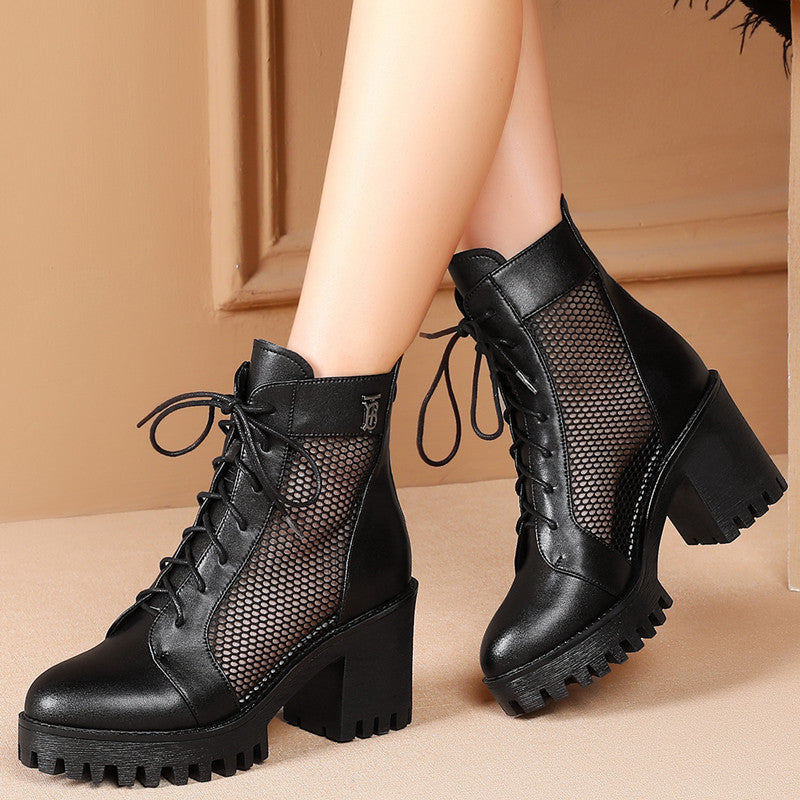 Spring Leather Lace-up High Heel Mesh Boots Chunky Heel Platform Non-Slip Dr. Martens Boots Hollow Mesh Surface Hole Shoes Middle-Aged Mom Shoes