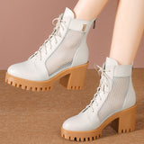 Spring Leather Lace-up High Heel Mesh Boots Chunky Heel Platform Non-Slip Dr. Martens Boots Hollow Mesh Surface Hole Shoes Middle-Aged Mom Shoes