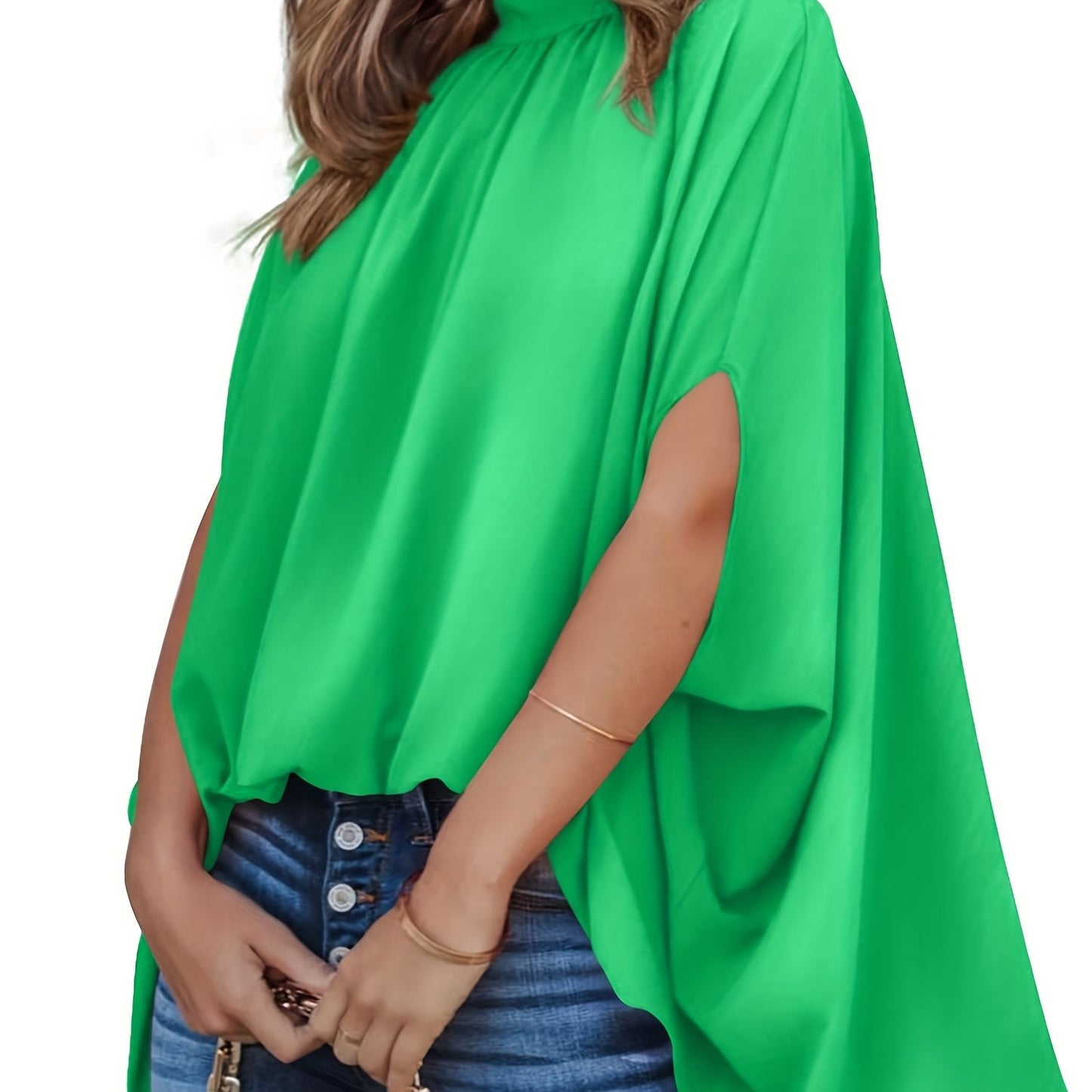 vlovelaw Solid Batwing Sleeve Blouse, Casual Ruched High Collar Loose Blouse, Women's Clothing