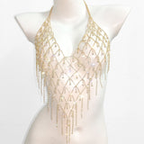 vlovelaw  Halter Backless Hollow Out Crop Top Body Chain Inlaid Shiny Rhinestone Temperament Body Chain Accessories