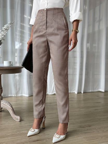 Plaid Print Tapered Leg Pants, Casual High Waist Pants For Spring & Fall, Women's Clothing