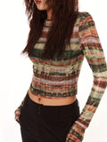 Stripe Print Crew Neck Crop T-Shirt, Casual Long Sleeve Top For Spring & Fall, Women's Clothing