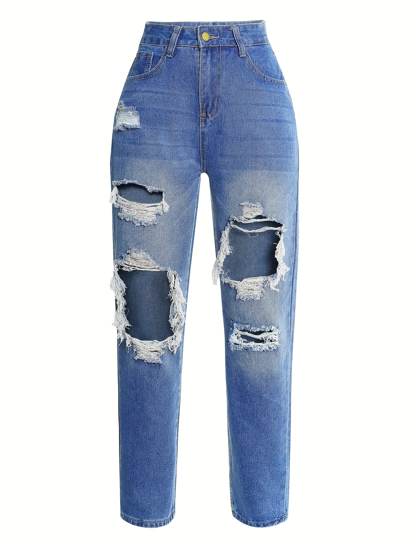 Blue Ripped Straight Jeans, Slash Pockets High Waist Distressed High Waist Denim Pants, Women's Denim Jeans & Clothing