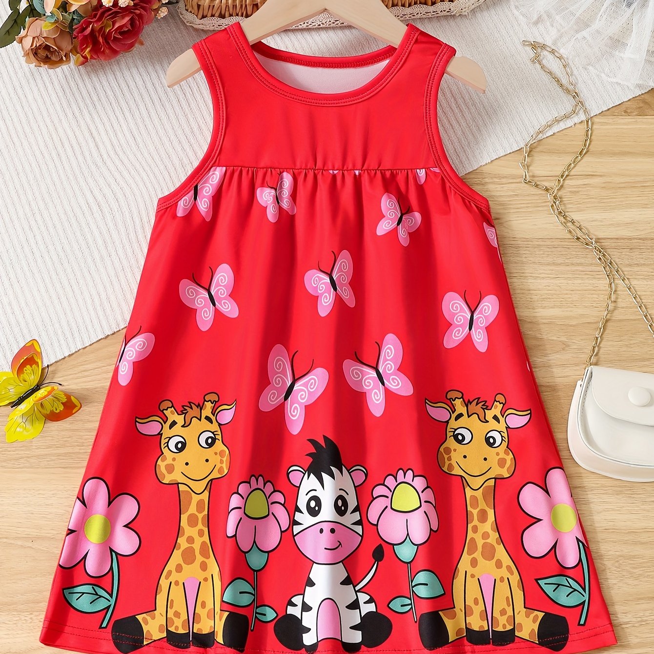 Charming Sleeveless Cartoon Dress for Girls - Crew Neck, Adorable Summer Party Outfit, Perfect Birthday Present.