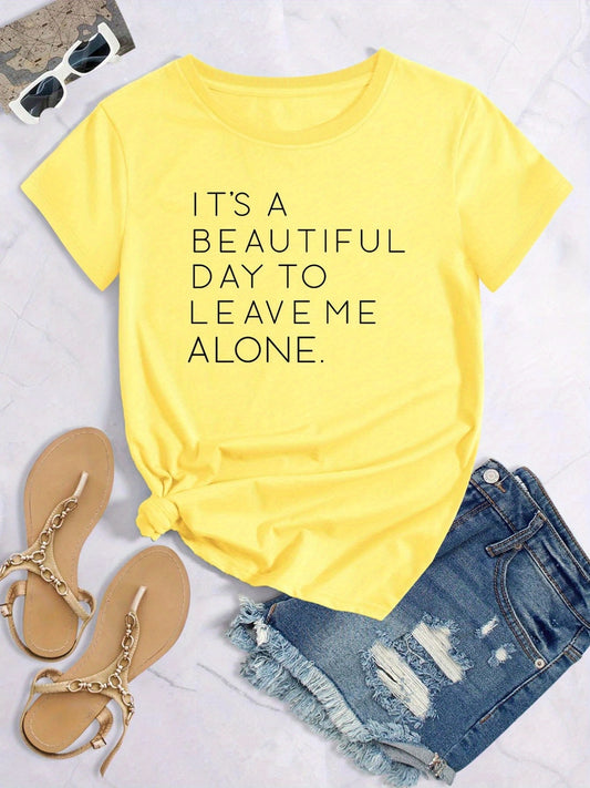 vlovelaw  Casual Leave Me Alone Print Crew Neck T-shirt, Loose Short Sleeve Fashion Summer T-Shirts Tops, Women's Clothing