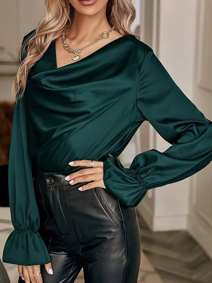 vlovelaw  Solid Draped Blouse, Elegant Long Sleeve Versatile Blouse, Women's Clothing