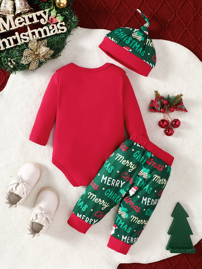 3pcs, My 1st Christmas Print Bodysuit, Pants & Cap For Baby Boys, Outdoor Cloth