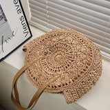 Summer Hollow Design Round Straw Bag, Minimalist Woven Women's Shoulder Bag, Beach Bag