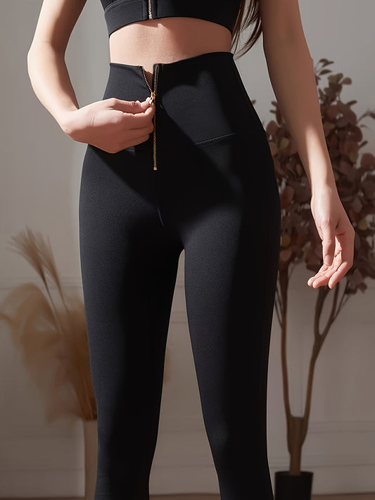 Zip Front Slimming Yoga Pant, High Stretch High Waist Casual Sporty Trouser, Women's Activewear