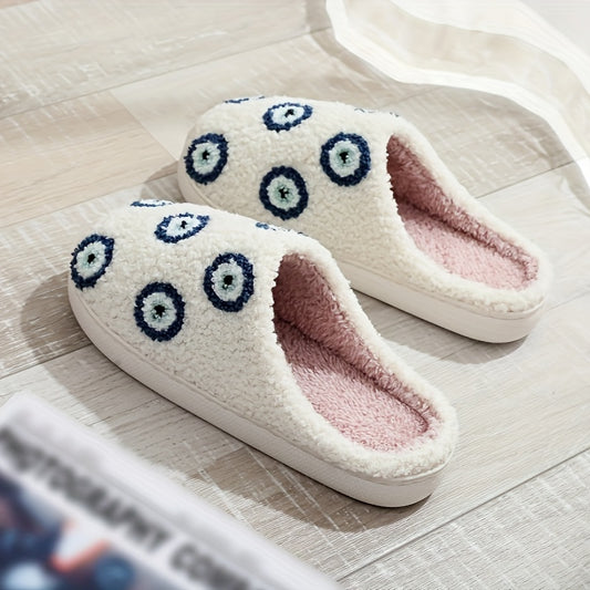 Evil Eye Pattern Flannel Slippers - Cozy Winter Indoor Slippers with TPR Sole and Plush Flannel Lining