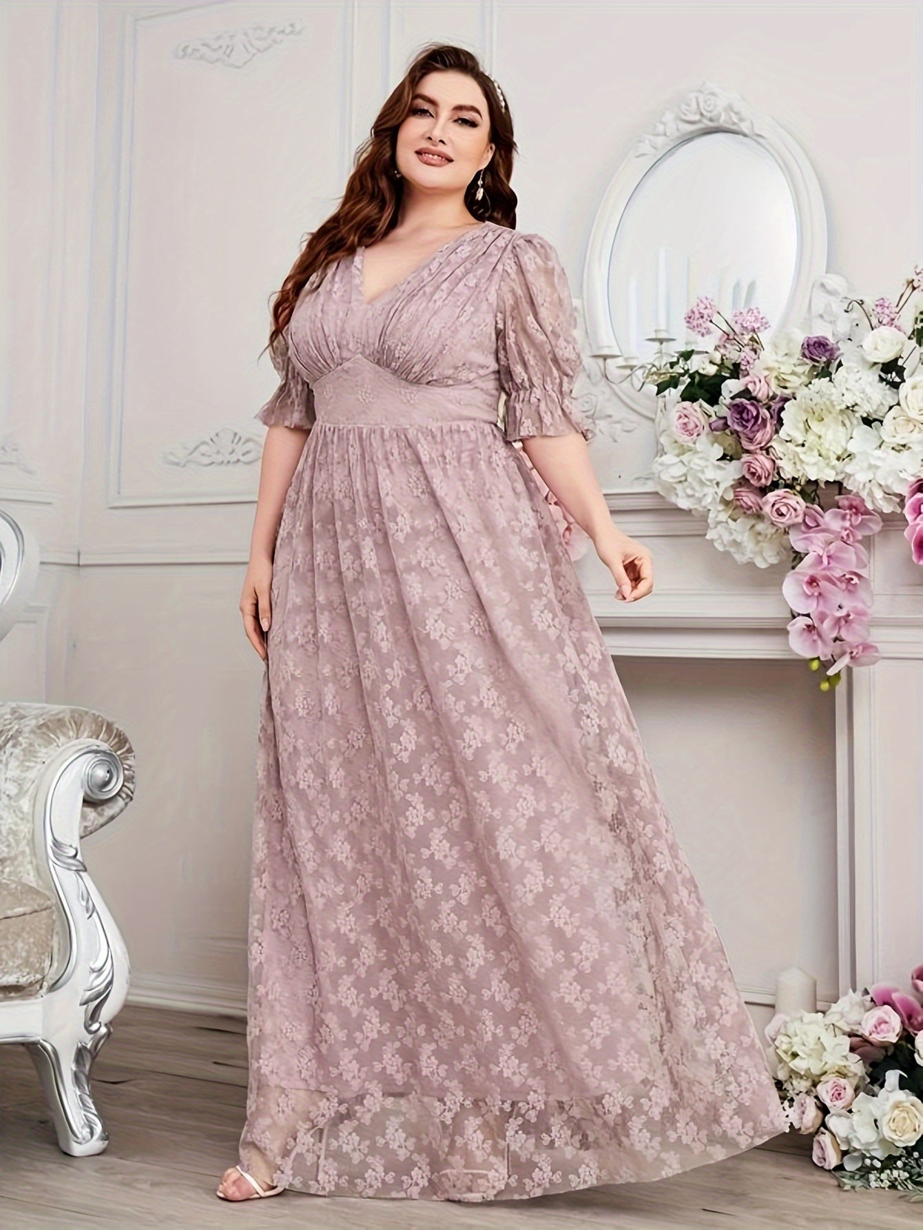 Plus Size Elegant Peplum Bridesmaid Dress - V-Neck, Ruched Lace, Slight Stretch, Floor-Length, Polyester, Hand Wash - Perfect for Wedding Party, Middle East Inspired, All-Season, Embroidered Floral Pattern