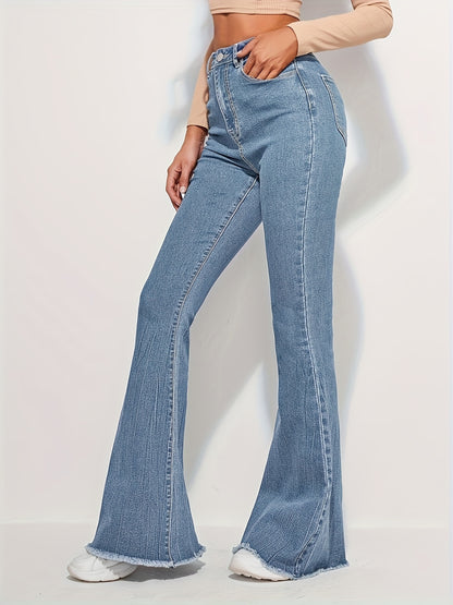 vlovelaw Raw Trim Fashion Bell Bottom Jeans, High Waist Elastic Washed Elegant Denim Pants, Women's Denim Jeans & Clothing