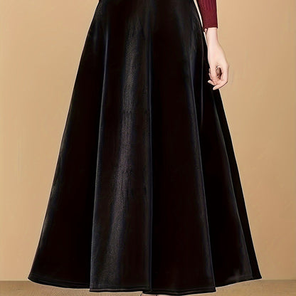 vlovelaw Plus Size Elegant Skirt, Women's Plus Solid Velvet Elastic High Rise Swing Maxi Skirt