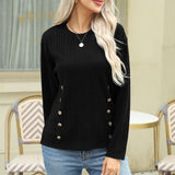 vlovelaw  Ribbed Button Decor Crew Neck T-Shirt, Casual Long Sleeve Top For Spring & Fall, Women's Clothing