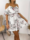 vlovelaw  Floral Print Cami Dress, Elegant Ruffle Trim V Neck Off Shoulder Dress, Women's Clothing