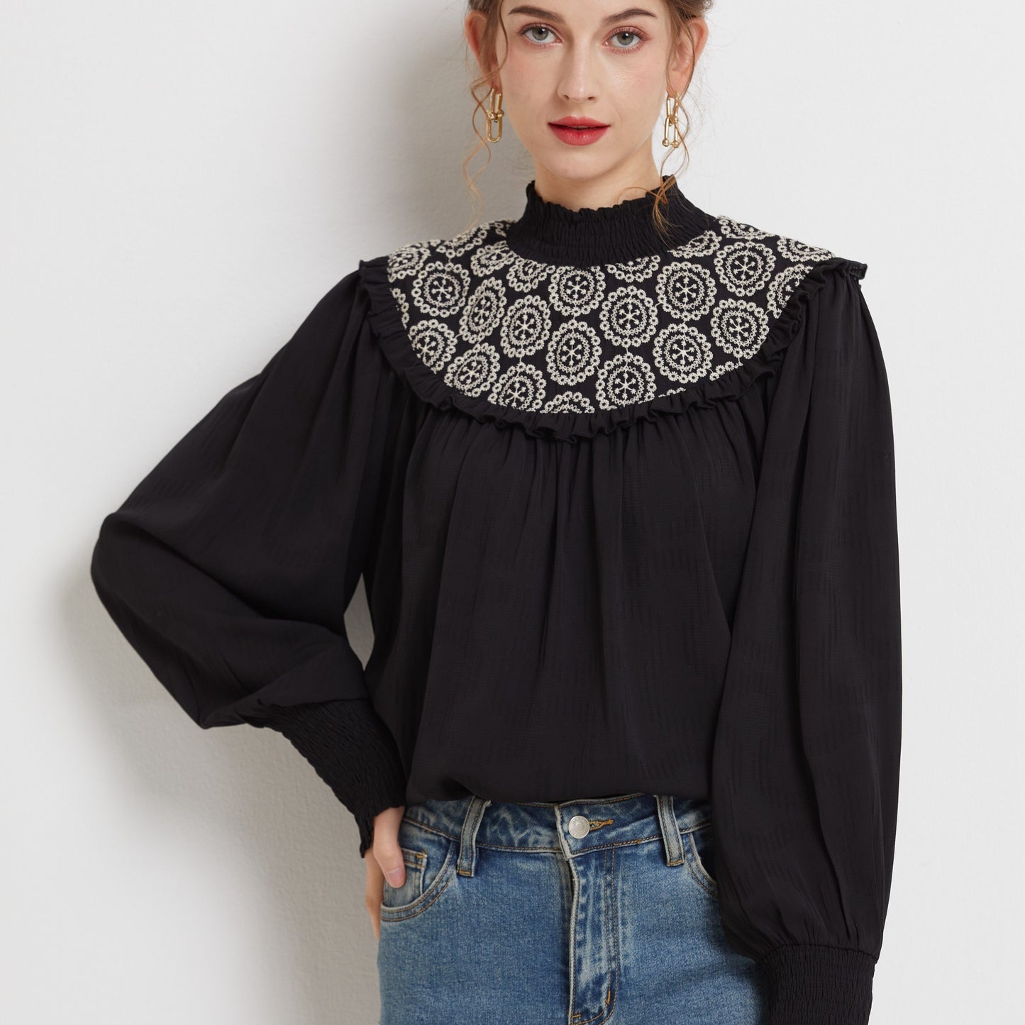 vlovelaw Floral Embroidered Blouse, Casual High Neck Long Sleeve Ruched Blouse, Women's Clothing