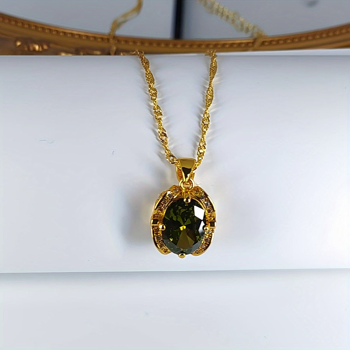 3pcs Elegant And Sparkling Geometric Cubic Zirconia Necklace And Earrings Set In Retro Olive Green Color - 18K Gold-Plated Jewelry Set For Valentine's Day, Weddings, And Girl's Gift