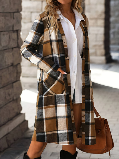 Plaid Pattern Mid Length Trench Coat, Elegant Button Front Long Sleeve Outerwear, Women's Clothing