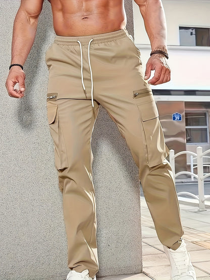 vlovelawMen's  Trendy Solid Tactical Pants, Casual Multi Pockets Trousers For Outdoor