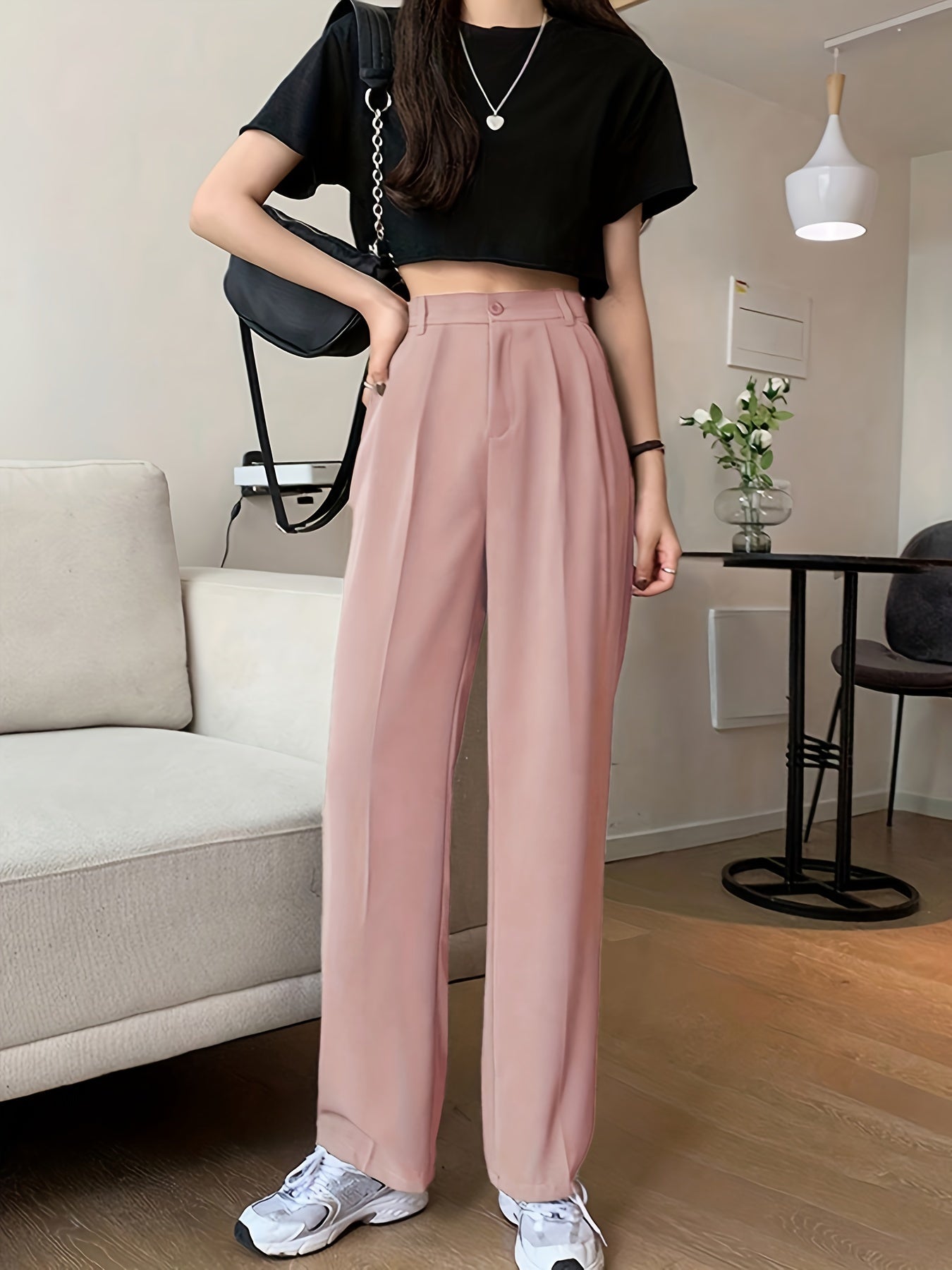 vlovelaw  Solid Draped Straight Leg Pants, Casual Button High Waist Pleated Pants, Women's Clothing