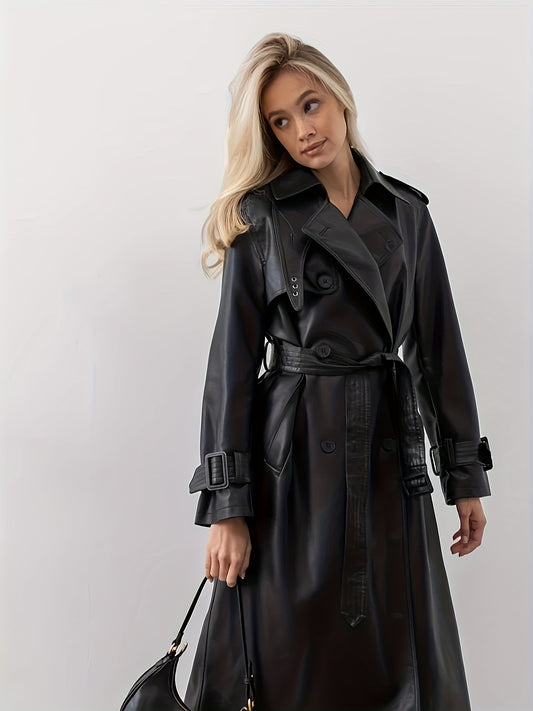 vlovelaw  Faux Leather Belted Trench Coat, Double Breasted Lapel Neck Long Sleeve Coat, Women's Clothing