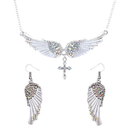 3pcs Earrings Plus Necklace Gothic Style Jewelry Set Devil Wings With Cross Desing Perfect Halloween Decor For Female Match Daily Outfits