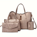 4pcs Luxury Crocodile Pattern Tote Bag Set - Spacious Womens Handbag with Stylish Crossbody Bag, Clutch Purse, & Card Holder - Fashion-Forward, Versatile Ensemble for Chic Organization