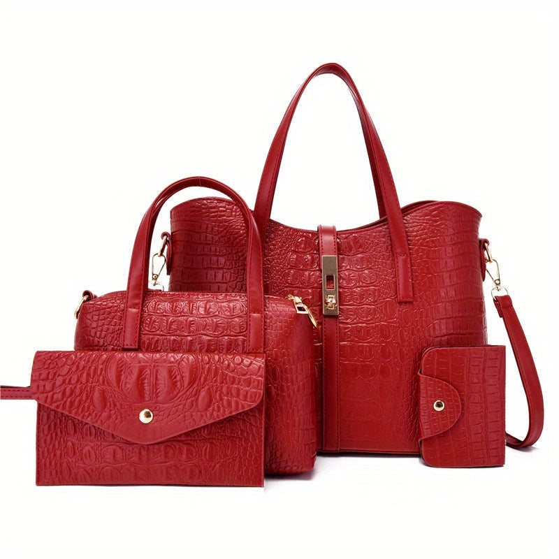 4pcs Luxury Crocodile Pattern Tote Bag Set - Spacious Womens Handbag with Stylish Crossbody Bag, Clutch Purse, & Card Holder - Fashion-Forward, Versatile Ensemble for Chic Organization