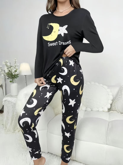 vlovelaw  Moon & Star Print Lounge Set, Long Sleeve Crew Neck Top & Elastic Waistband Pants, Women's Loungewear & Sleepwear