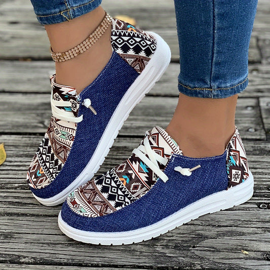 vlovelaw  Women's Tribal Pattern Canvas Shoes, Casual Round Toe Low Top Flat Sneakers, Lightweight Outdoor Walking Shoes