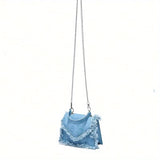 Mini Denim Tassel Crossbody Bag - Buckle Closure, Polyester Lining, Solid Color, Cowboy Material, Trendy Chain Detailing - Fashionable Y2K Inspired Shoulder Bag for Women