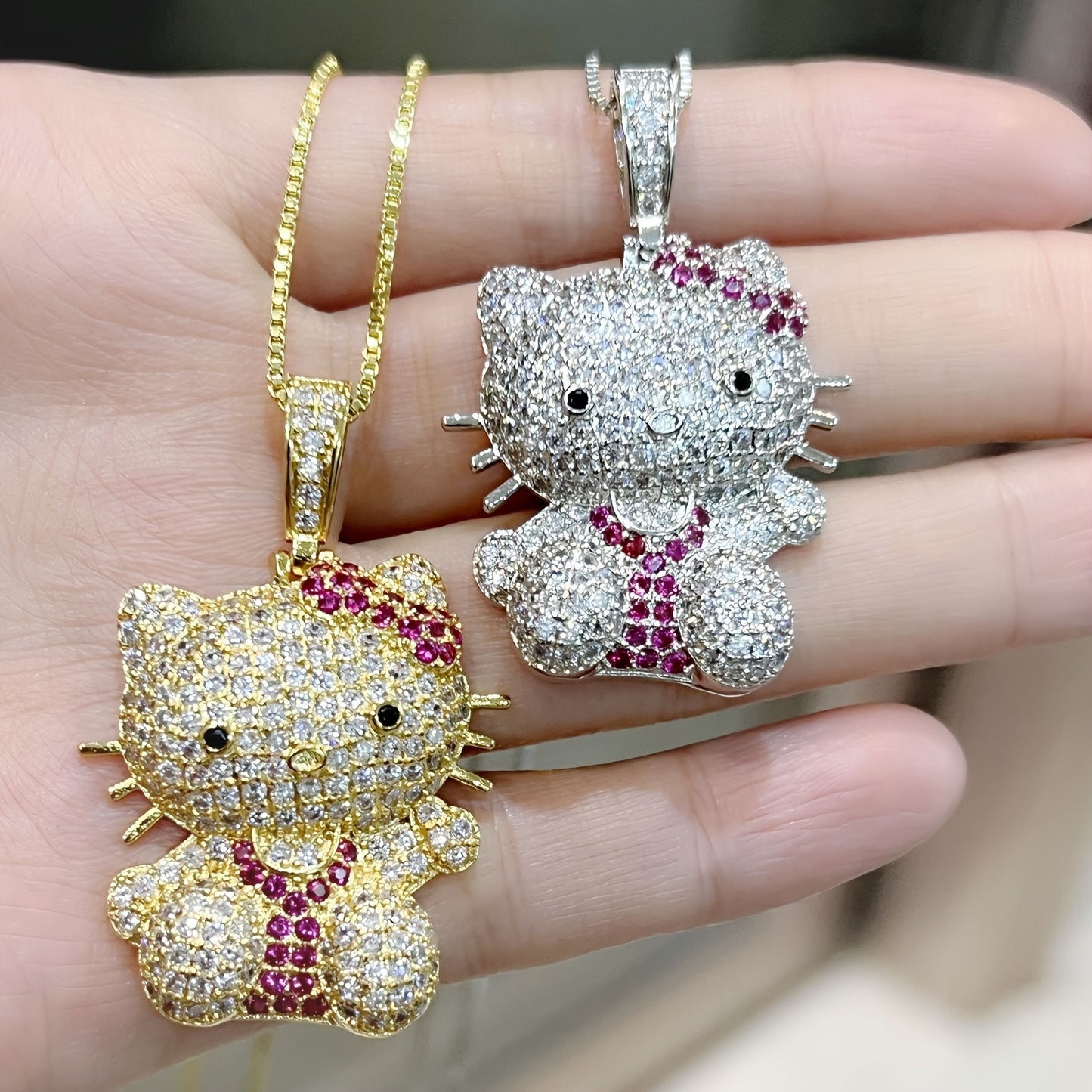 1pc Officially Authorized Hello Kitty Rhinestone Pendant Necklace, Kawaii Hip Hop Style Anime Jewelry, Cartoon Fashionable Jewelry Accessory For Men And Women, Cute Gift