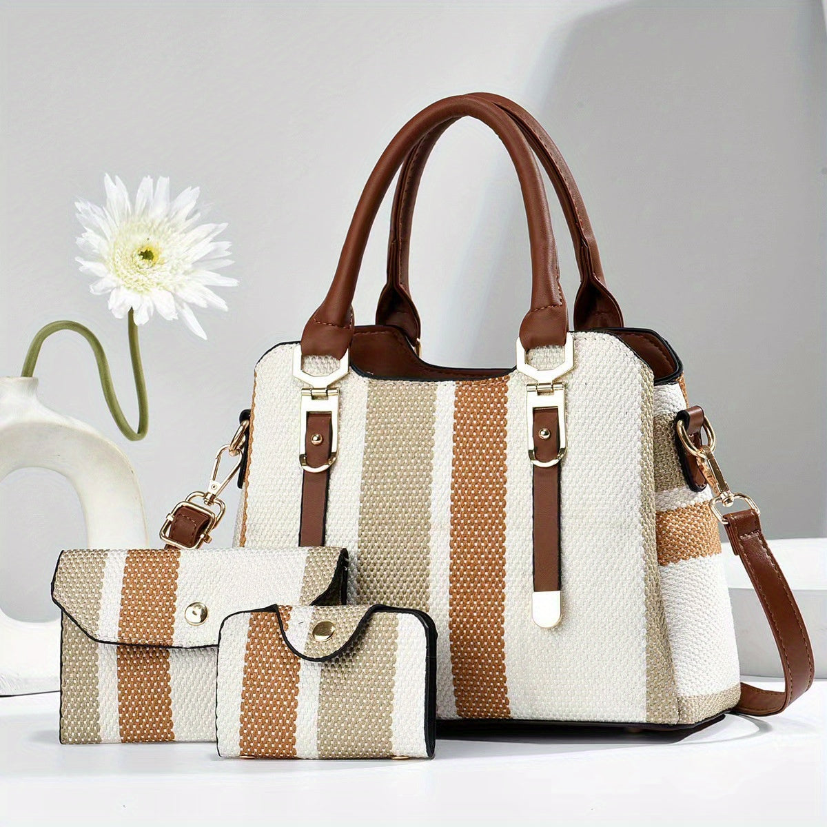 3PCS  New Design Stripe Pattern Canvas Tote Bag Set - Zipper Closure, Premium PU Leather Top Handle, Detachable Clutch, Card Holder, Polyester Lining, Perfect for Ladies Work, Teacher, and Occasional Use