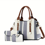 3PCS  New Design Stripe Pattern Canvas Tote Bag Set - Zipper Closure, Premium PU Leather Top Handle, Detachable Clutch, Card Holder, Polyester Lining, Perfect for Ladies Work, Teacher, and Occasional Use