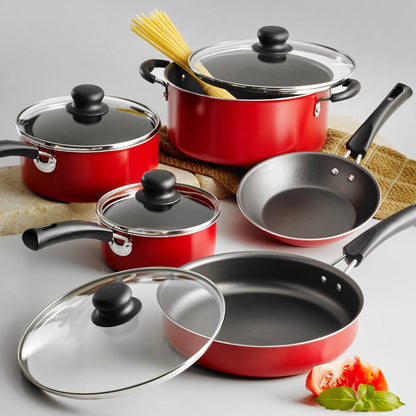 9-Piece Deluxe Cookware Set - Premium Non-stick Coating for Easy Food Release and Cleaning, Complete Cooking Solution for Cooking, Frying, Boiling, Steaming, and more - Vibrant Red Color